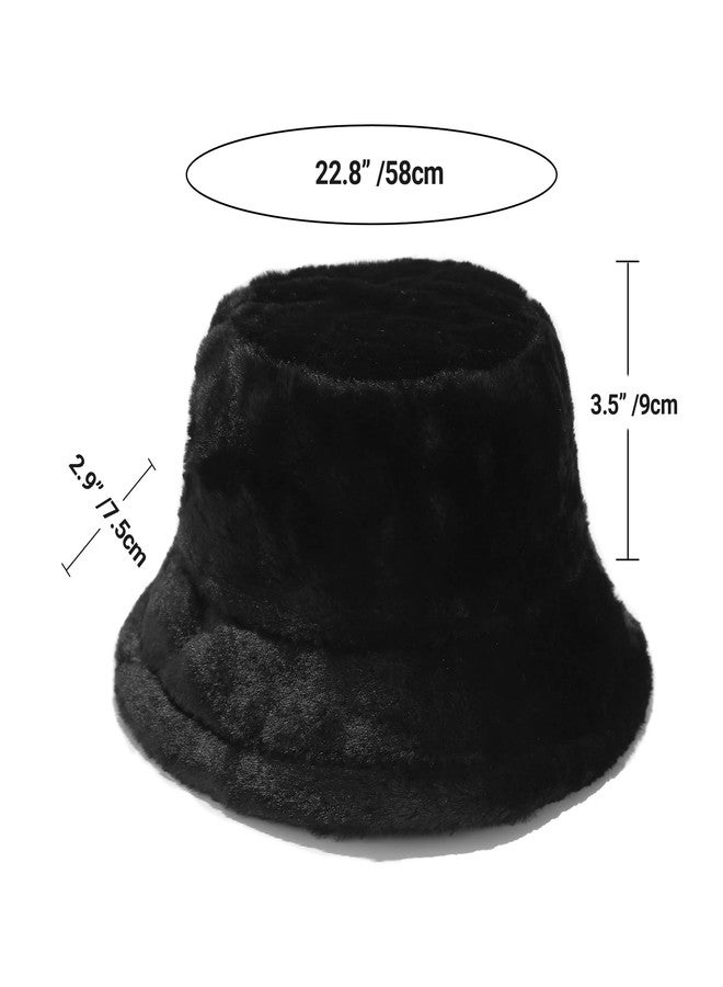 Umeepar Winter Faux Fur Fuzzy Bucket Hat Fluffy Warm Hat for Women Men (Plain Black) - Image 5